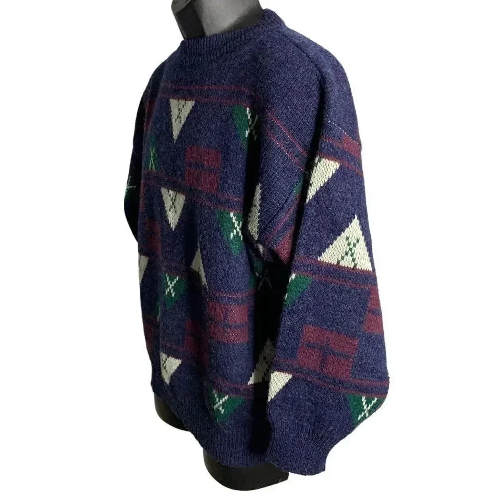 Vintage 80s Crewneck Pullover Knit Sweater L Blue Wool Blend Nautical
